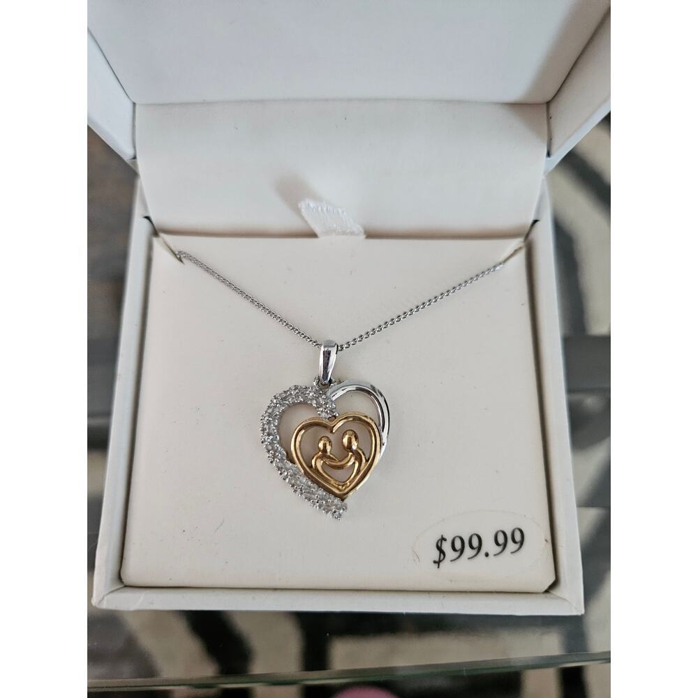 Women's 18" Diamond Mother & Child Heart Necklace Gold Over Sterling - Picture 2 of 3